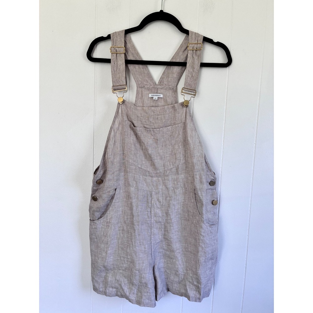 WeWoreWhat Women Linen Short Overalls Tan Beige Romper Small S/P 100% Linen